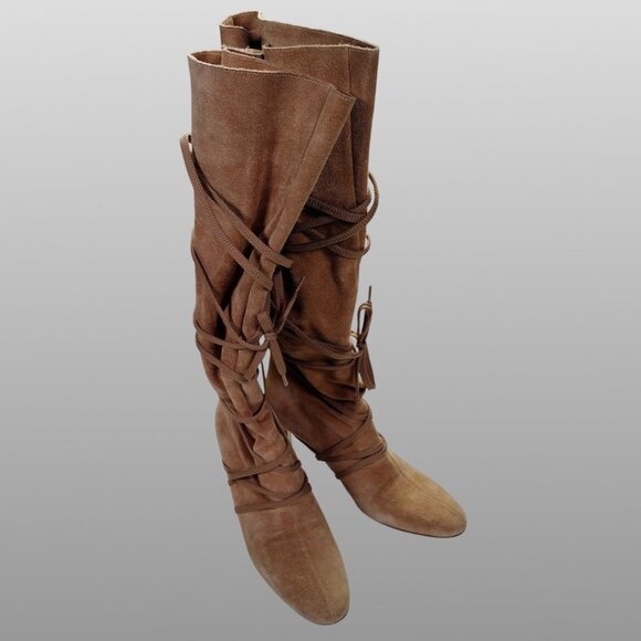 Michael Kors Suede Wrap-Tie Knee Boots Camel Made in Italy Size 6M - Picture 4 of 7